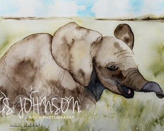 Large watercolor painting of Baby Elephant nursery art 12x16 original