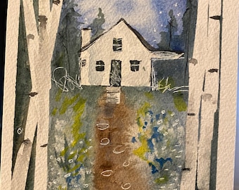 Whimsical Cottage watercolor painting, 5x7 art, mountain home art, forest house, woodland art