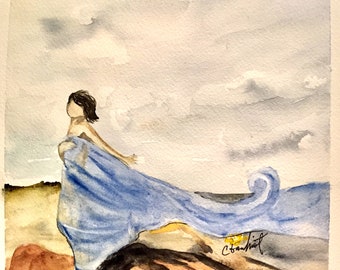 Woman of the Wind, original watercolor painting. 8x10 original artwork