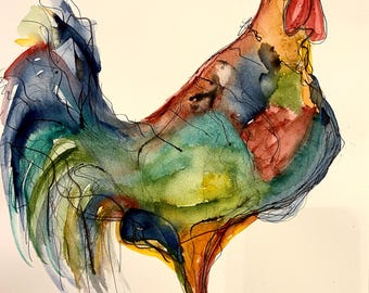 Rooster watercolor painting, farmhouse decor, Abstract, minimalist painting, rainbow colors de colores,