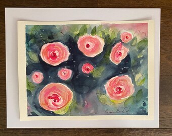 8x10 Original painting of old fashioned roses in black mat, botanical art, abstract art, watercolor rose, pink and black and green