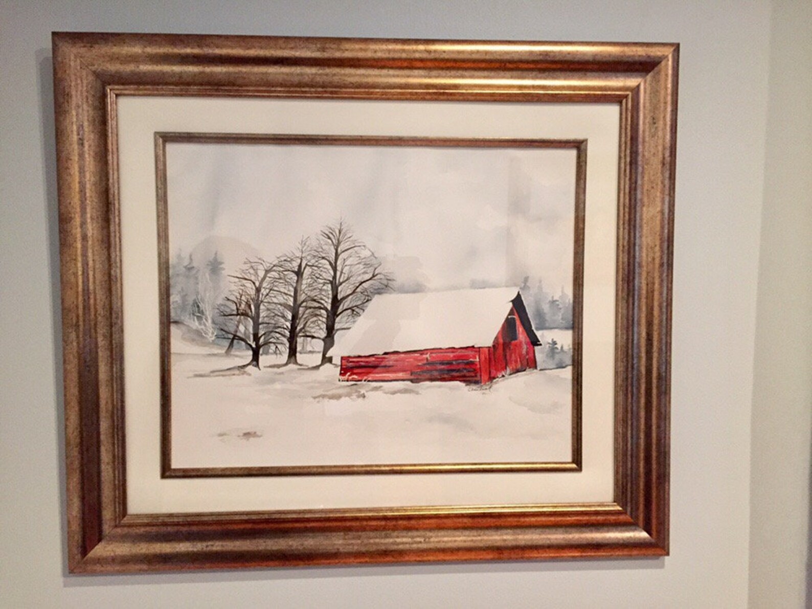 Large Watercolor Painting of Winter Red Barn in Snow, Winter Barn ...