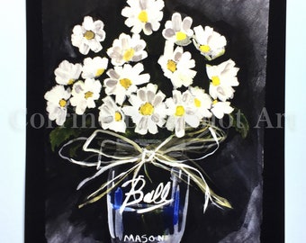Watercolor print of abstract flower vase, black and white art, watercolor painting of Ball jar vase, country decor, wall art, pop art,