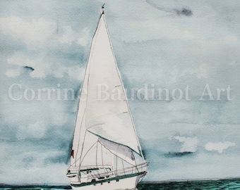 Beach artwork, watercolor painting, print, Sailboat painting, nautical artwork, ocean watercolor, blue artwork, boat art