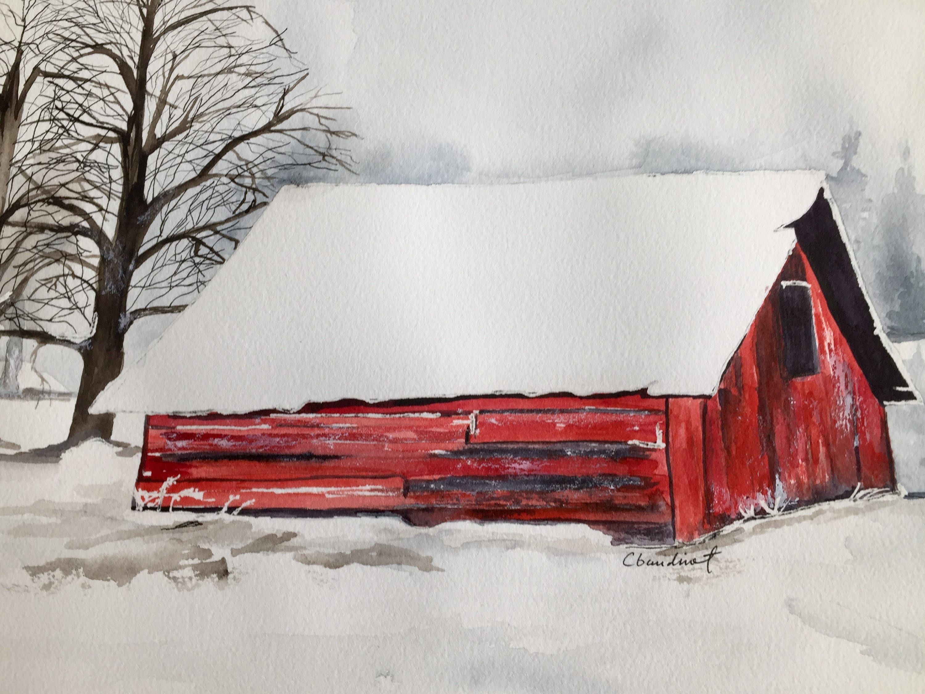 Large Watercolor Painting of Winter Red Barn in Snow, Winter Barn ...