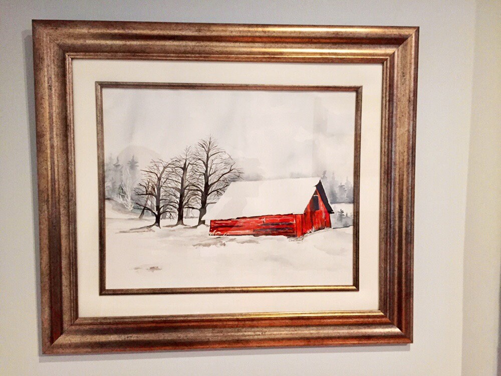 Large Watercolor Painting of Winter Red Barn in Snow, Winter Barn ...