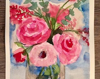 Bright summer bouquet vase of roses and flowers, watercolor painting, spring bouquet, 5x7
