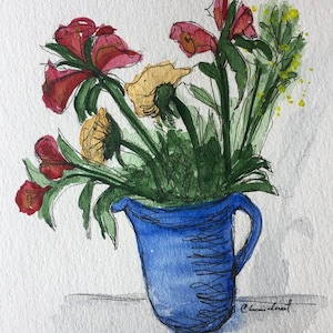 5x7 watercolor painting of flower pot, Spring flower painting, original art, botanical art, watercolor art,