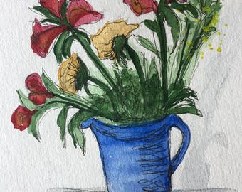 5x7 watercolor painting of flower pot, Spring flower painting, original art, botanical art, watercolor art,