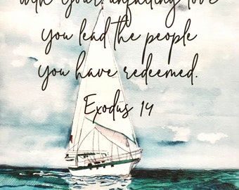 Sailboat watercolor print with verse, Sailboat art, scripture wall art, nautical art, sailboat painting, Bible verse art, religious gift