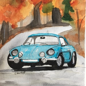 Aquarell gemälde von kleinem blauen Auto, VW Bug, Alpine, Original Aquarell Kunst, Auto Kunst, Auto Liebhaber Kunst, Automobile Kunst