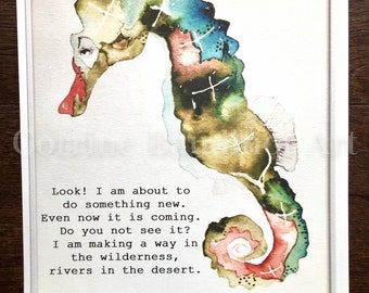 Watercolor print of Seahorse with Bible Verse, Scripture art, Seahorse print, Streams in the desert, Seahorse wall art, nautical decor,