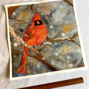 12x12 watercolor painting of Cardinal in snow, winter red bird art,