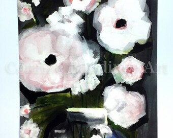 Watercolor print of abstract flower vase, black and white art, watercolor painting of floral vase, country decor, wall art, pop art,