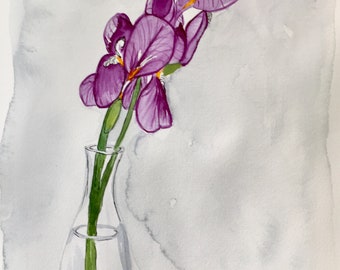 Original watercolor painting of Purple Iris in vase, 8x10