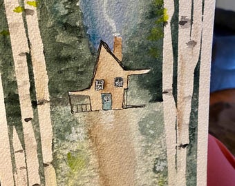 Whimsical Cottage watercolor painting, 5x7 art, mountain home art, forest house, woodland art