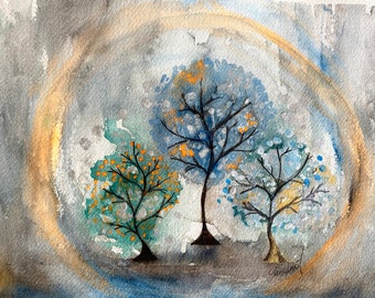 Watercolor painting of 3 trees, mystical art, moody art, original, inspirational