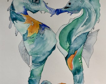 Large watercolor painting of 2 seahorses kissing, nautical artwork, beach decor, ocean life art, large art
