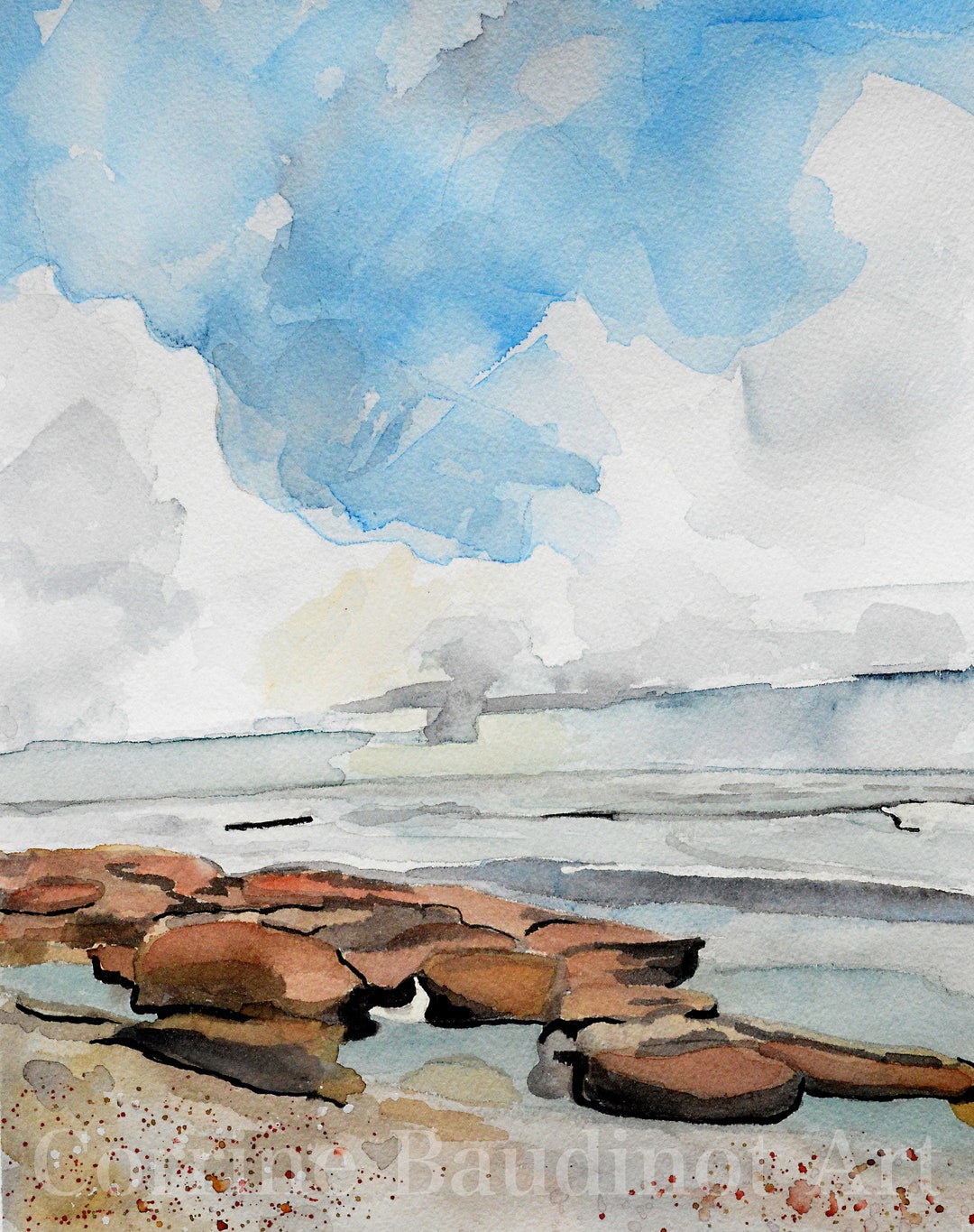 Original Watercolor Painting of Ocean Rocks and Cloudy Skies, Landscape ...