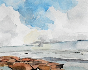 Original akvarellmålning av havsklippor och molnig himmel, landskapskonst, havskonst, strandkonst, molnkonst, signerat original