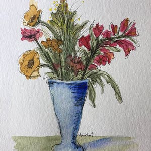 5x7 watercolor painting of flower pot, Spring flower painting, original art, botanical art, watercolor art,