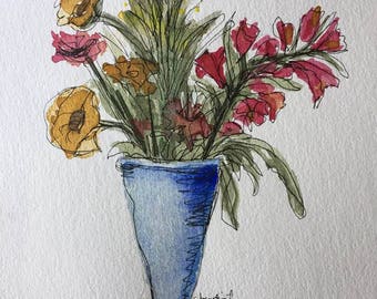 5x7 watercolor painting of flower pot, Spring flower painting, original art, botanical art, watercolor art,