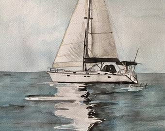 Sailing Away watercolor painting of white sailboat on turquoise water, nautical art, original art, sailboat painting, 12x16