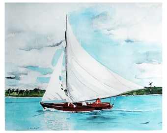 Beach artwork, watercolor painting, print, Sailboat painting, nautical artwork, ocean watercolor, blue artwork, boat art