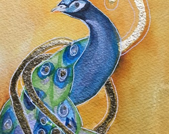 Original watercolor painting of colorful Peacock, gold leaf, Turquoise and green, Peacock decor, abstract art
