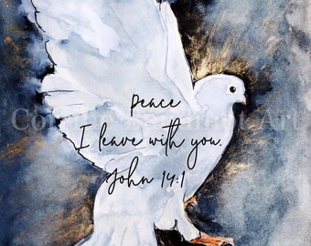 May include: A watercolor painting of a white dove with outstretched wings against a dark blue and gold background. The dove is flying upwards and the text "Peace I leave with you. John 14:1" is written in black cursive.