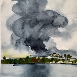 Original watercolor painting of big cloud over ocean, palm trees, abstract art, watercolor illustration, beach art,