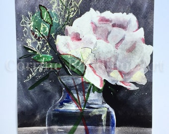 Watercolor print of abstract flower vase, black and white art, watercolor painting of large Peony, country decor, wall art, pop art, pink