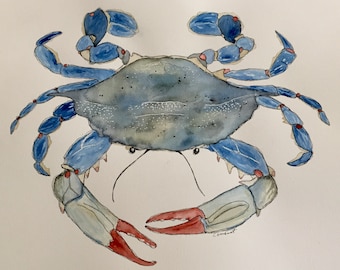 Watercolor painting of Atlantic Blue Crab, large painting, original art, nautical art, nautical decor, beach decor. wall decor