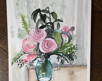 Pink old-fashioned roses in vase watercolor painting, original art, floral, bouquet, farmhouse decor, victorian decor, shabby chic art