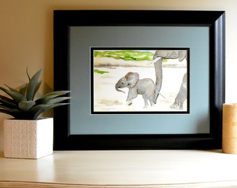 Watercolor painting of baby elephant, nursery art, Momma Elephant, nursery wall art