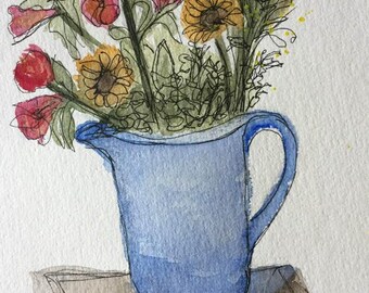 5x7 watercolor painting of flower pot, Spring flower painting, original art, botanical art, watercolor art,
