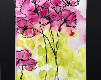 Pink Posy abstract watercolor painting, floral art decor, contemporary art, wall art, pink & green abstract art,
