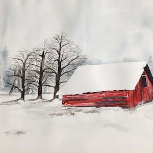 Large watercolor painting of winter red barn in snow, winter barn, landscape art, original barn art, snowy barn art, farmhouse artwork