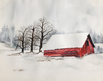 Large watercolor painting of winter red barn in snow, winter barn, landscape art, original barn art, snowy barn art, farmhouse artwork