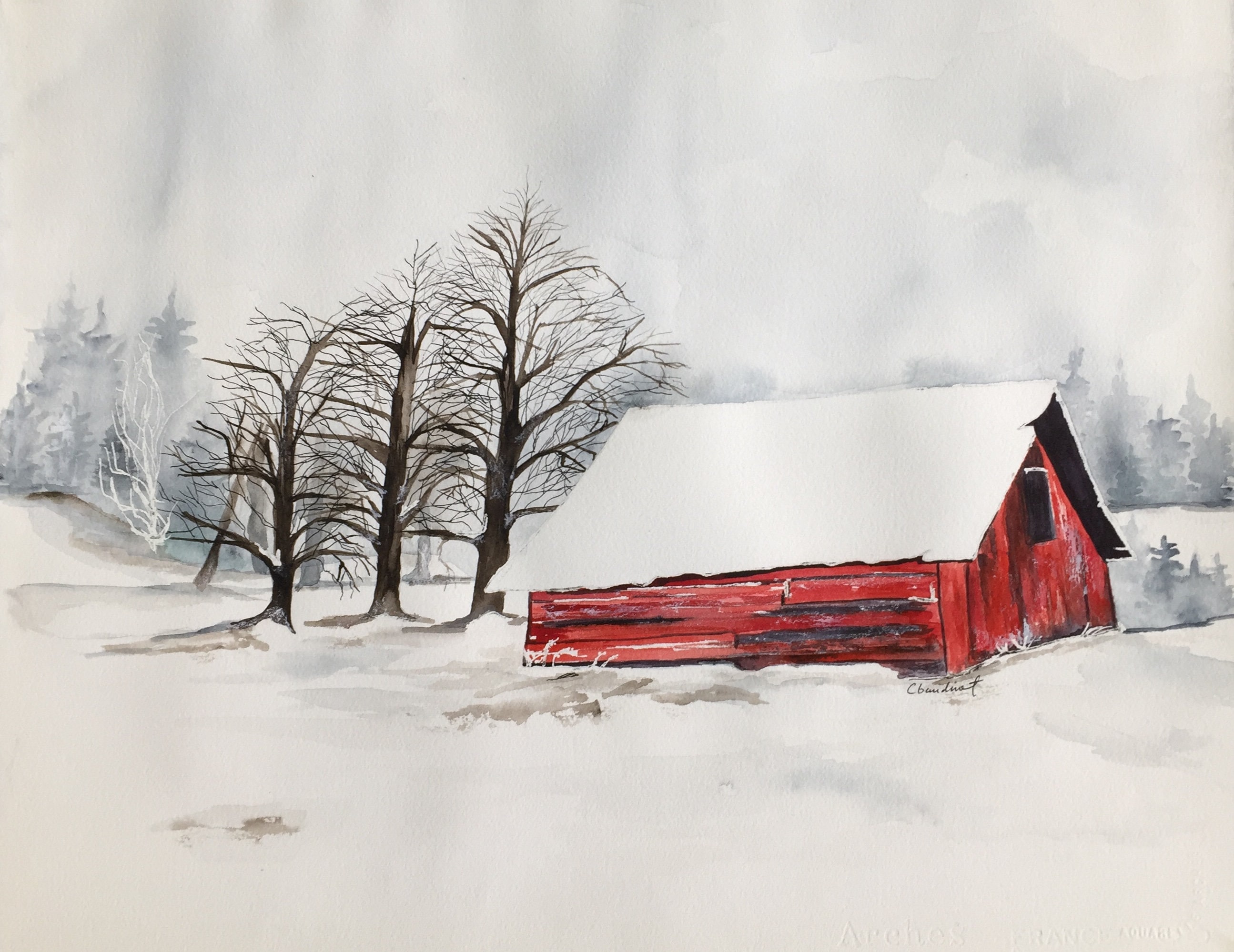 Large Watercolor Painting of Winter Red Barn in Snow, Winter Barn ...