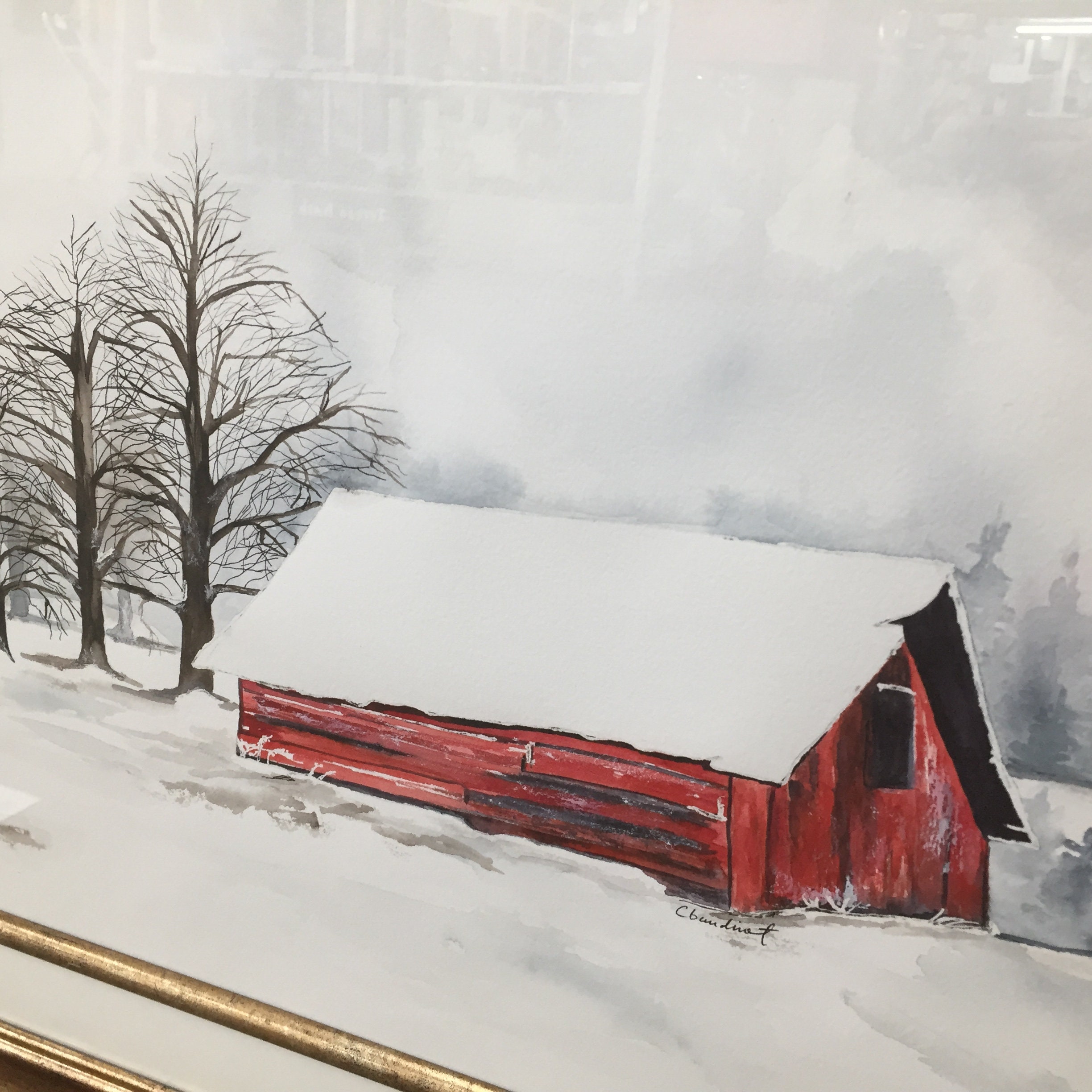Large Watercolor Painting of Winter Red Barn in Snow, Winter Barn ...