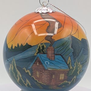 Handbemalte Berghütte Ornament • Rustikale Weihnachtsbaum Dekoration • Glas Winterszene