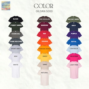 May include: A color chart of Gildan 5000 t-shirts in various colors, including black, white, red, and orange. The image displays a range of hues, from dark chocolate to light pink, with each shirt labeled with its corresponding color name.