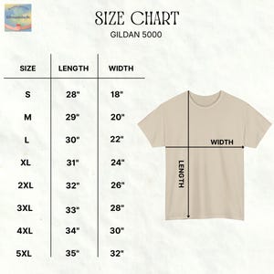 May include: A tan Gildan 5000 t-shirt with a size chart. The chart shows measurements for sizes S to 5XL, with lengths from 28" to 35" and widths from 18" to 32". The text "SIZE CHART" is at the top.