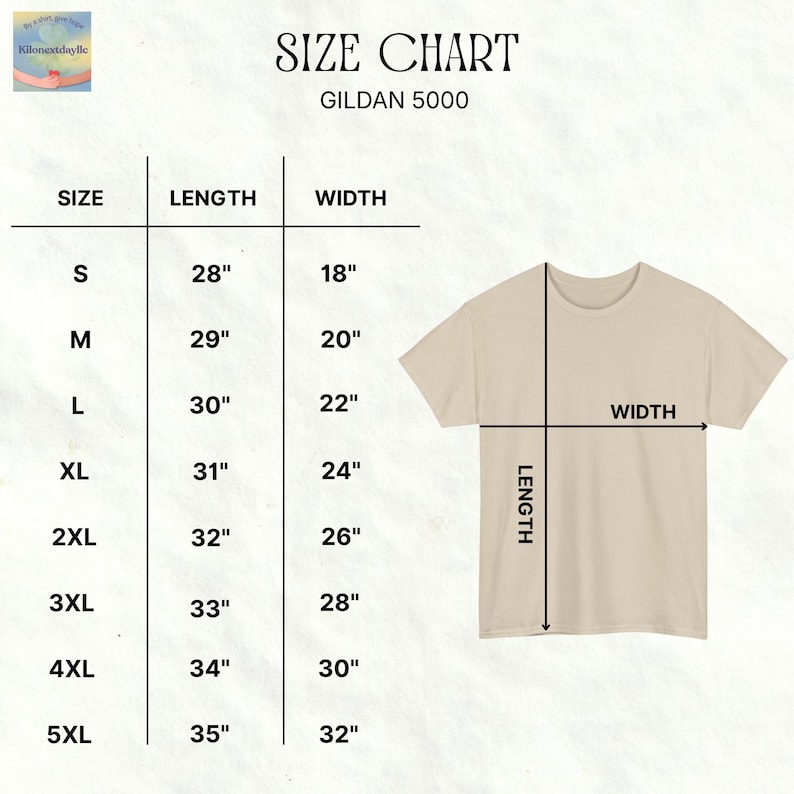 May include: A tan Gildan 5000 t-shirt with a size chart. The chart shows measurements for sizes S to 5XL, with lengths from 28" to 35" and widths from 18" to 32". The text "SIZE CHART" is at the top.