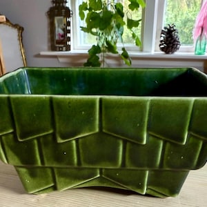 May include: A rectangular, green ceramic planter with a textured, woven-like design. The planter has a glossy finish and is suitable for indoor or outdoor use. The planter is approximately 12 inches long, 6 inches wide, and 5 inches tall.