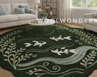 Handgetufteter Wollteppich mit Koi Fischen - 3D japanischer Garten Design