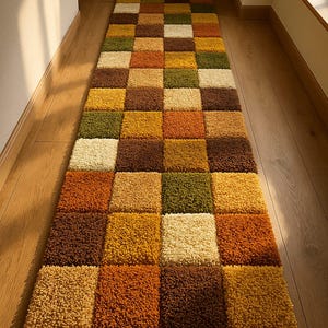 Puede incluir: Una alfombra rectangular con un patrón de tablero de ajedrez en tonos marrones, naranjas, amarillos, verdes y crema. La alfombra está colocada sobre un suelo de madera en un pasillo, con luz natural procedente de una ventana.