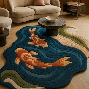 May include: A unique rug featuring a koi fish design. The rug has a blue background with orange and white koi fish. The rug has a wavy design with green and tan accents. The rug is made of wool.