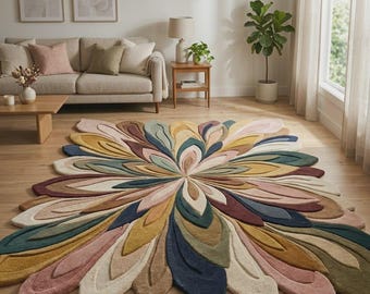 Colorful Floral Area Rug, Hand Tufted Wool Rug, Modern Abstract Flower Rug, Boho Living Room Irregular Shape Carpet, Large Area Bedroom Rug